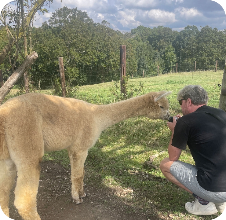 Thibault accroupi proche d'un alpaga